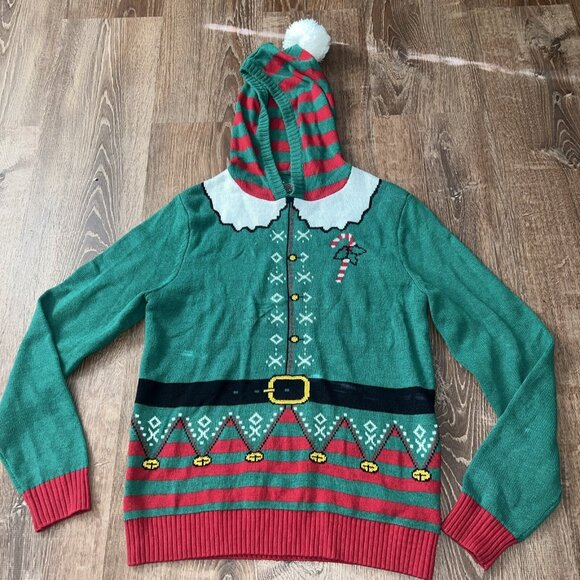 Ugly Christmas Sweater - Hooded Elf w/Pom Pom  (Medium) - Picture 6 of 9